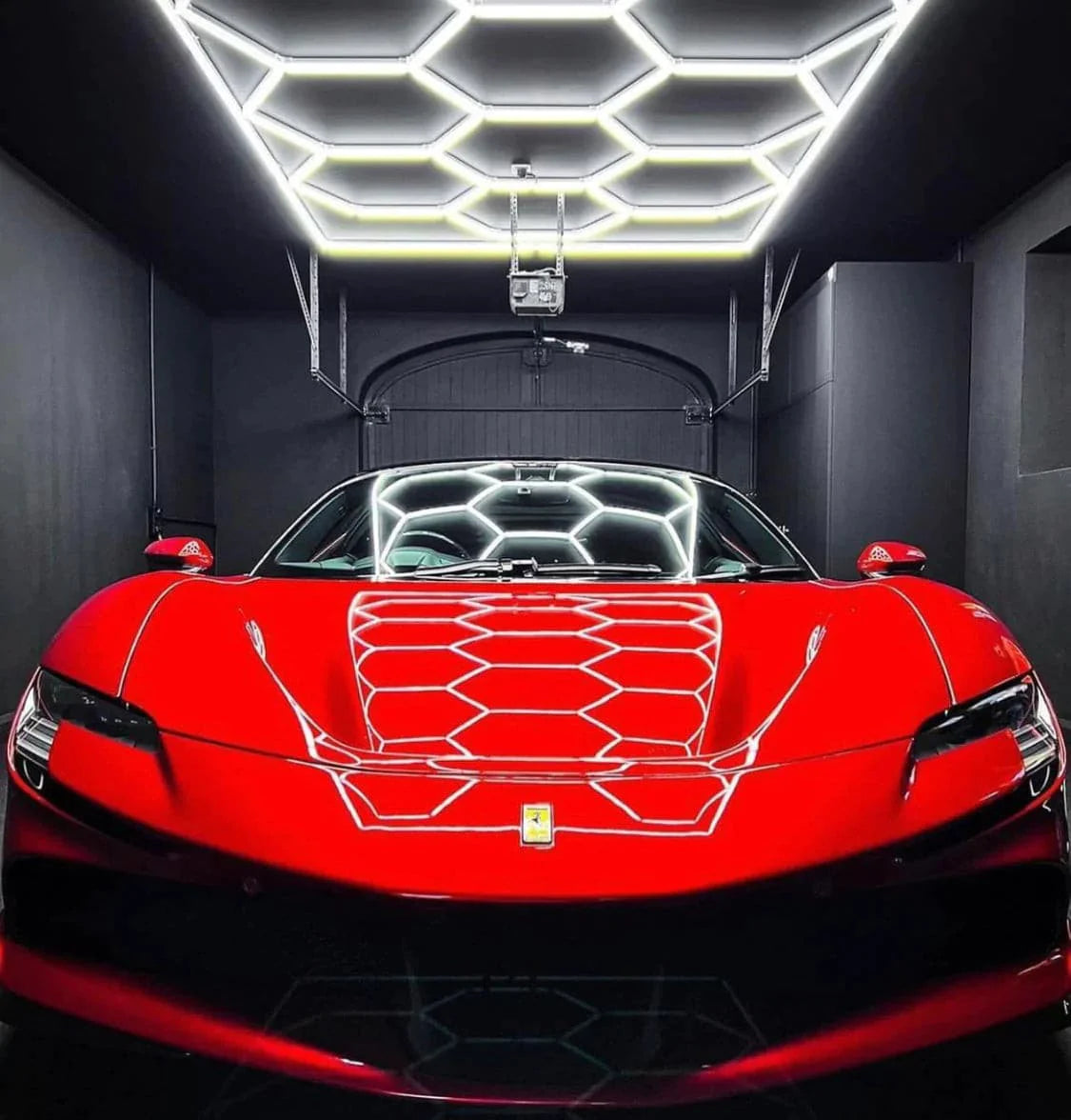 Brighter Side Lighting HIVE Hexagon LED Lighting with Border in Garage with Ferrari