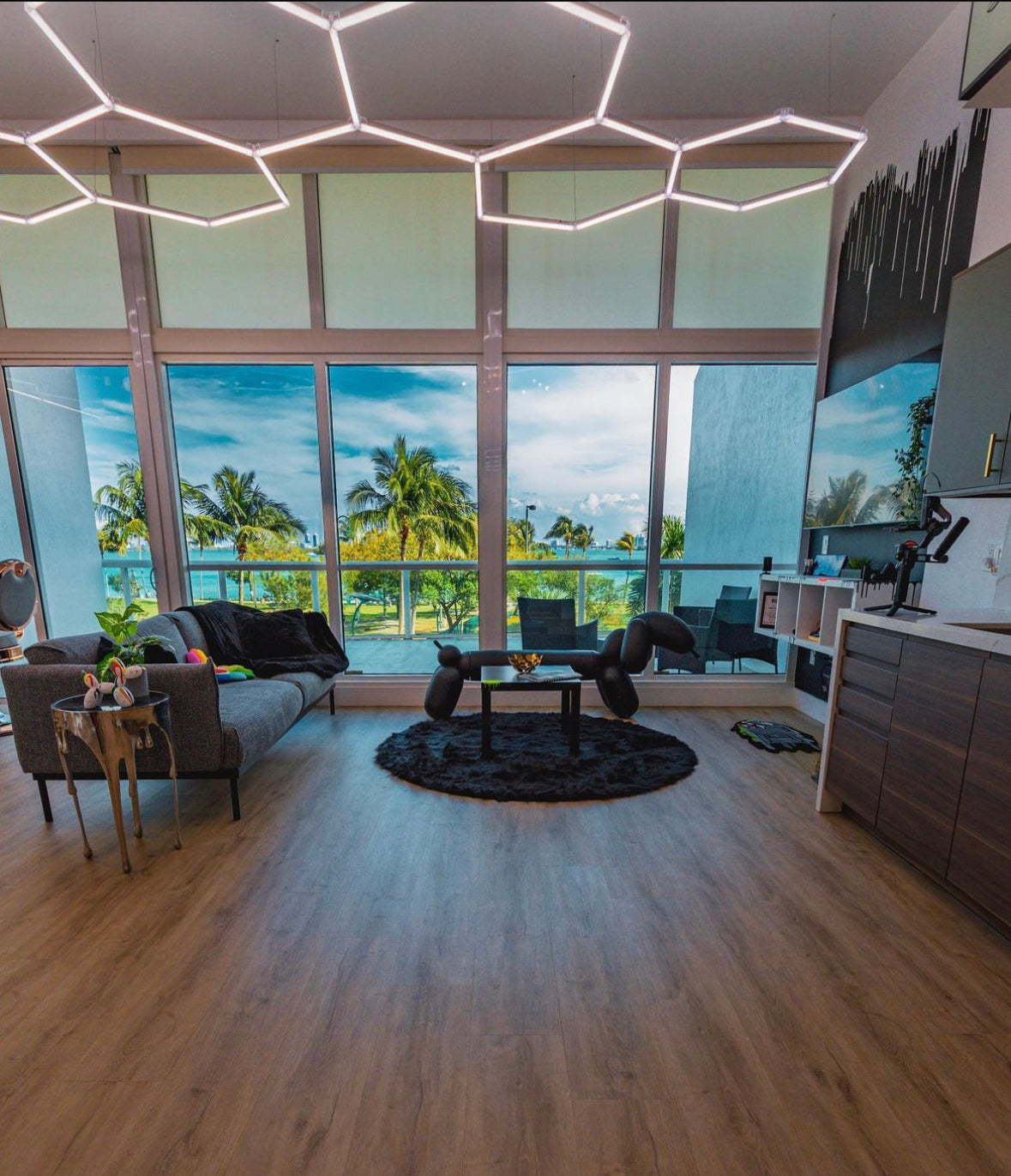 Brighter Side Lighting HIVE Hexagon LED Lighting Suspended in Living Room with Ocean View