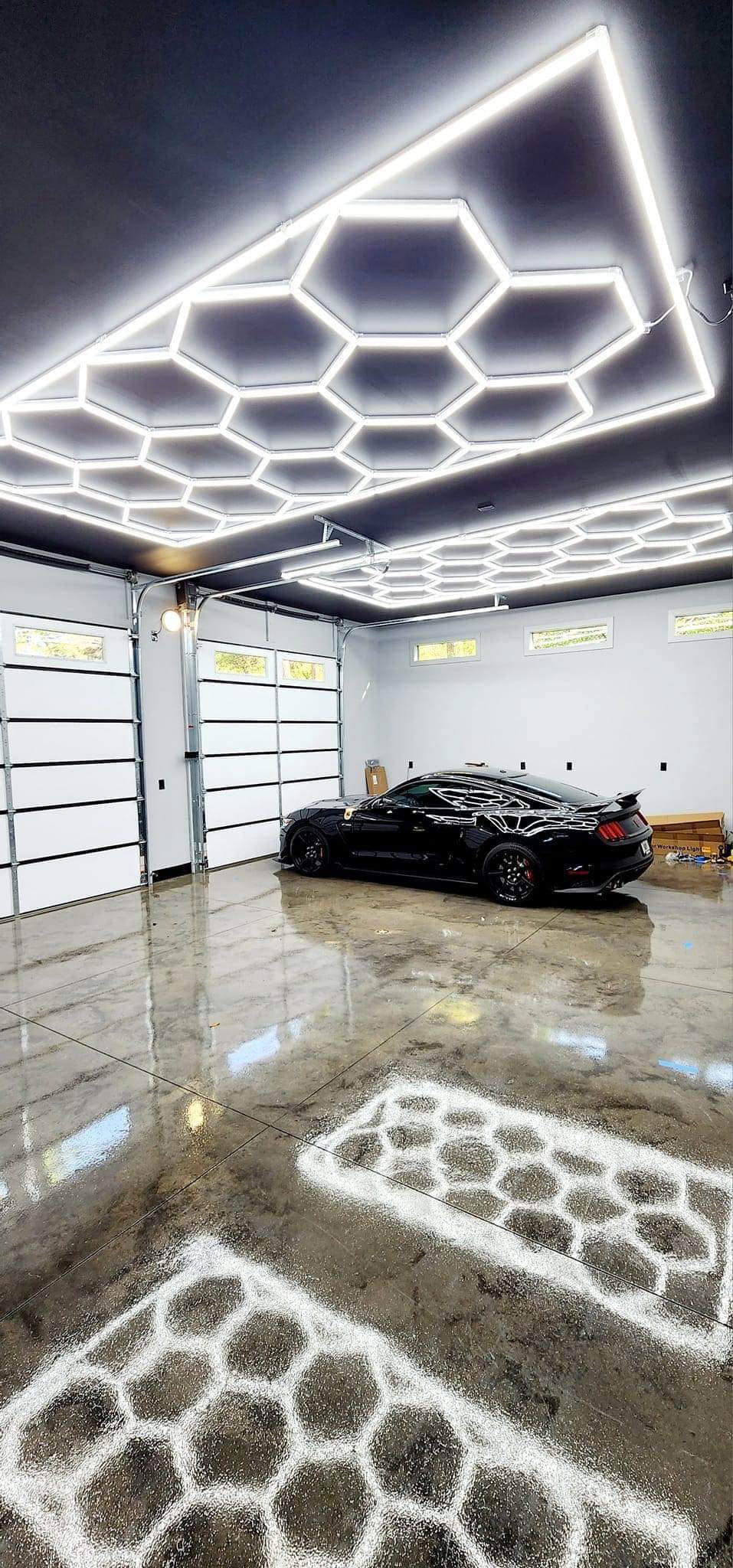 Brighter Side Lighting HIVE Hexagon LED Lighting with Border in Garage with Ford Mustang