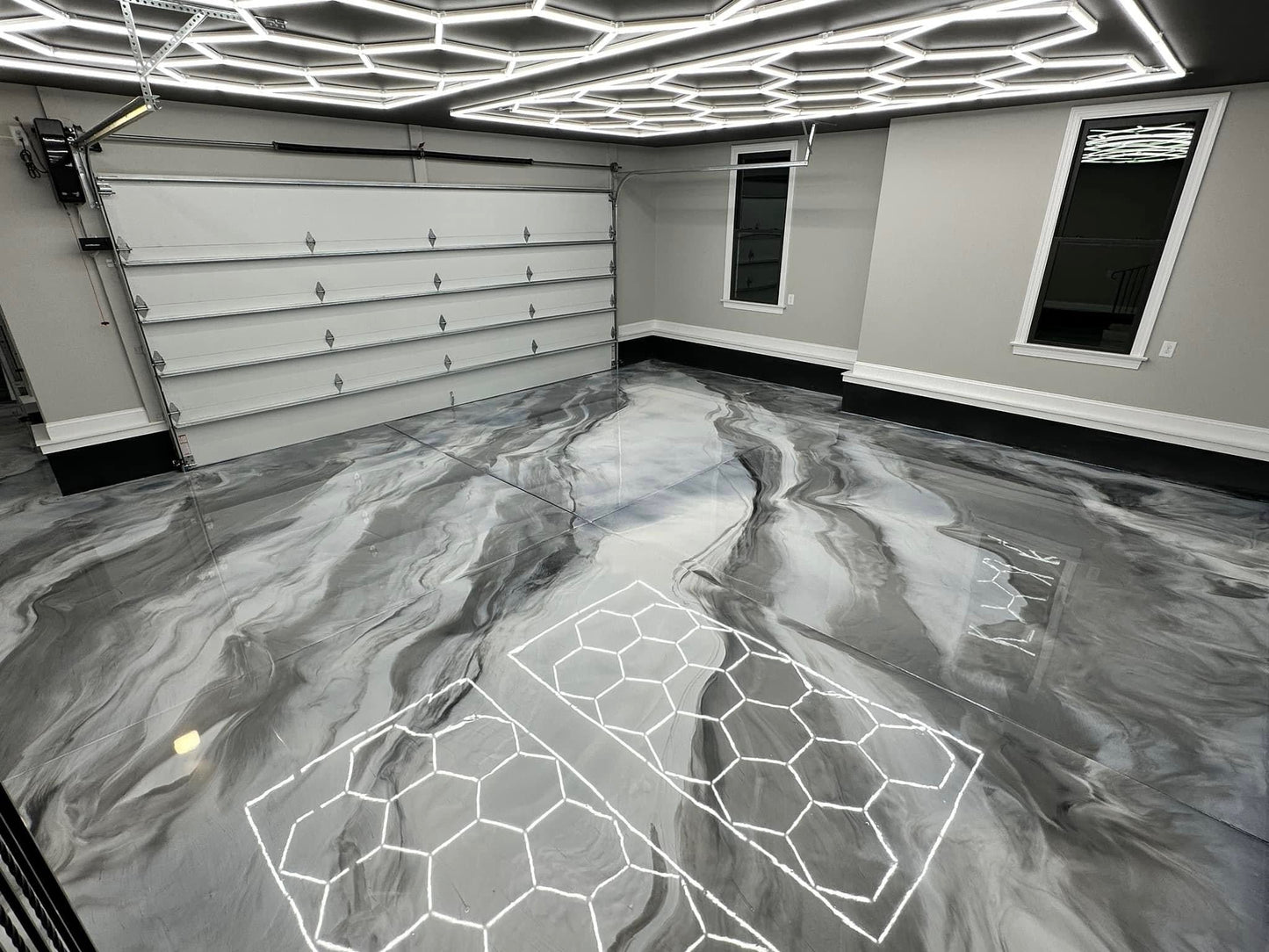 HIVE Hexagon Garage Lighting with Border in Garage with Epoxy Floors